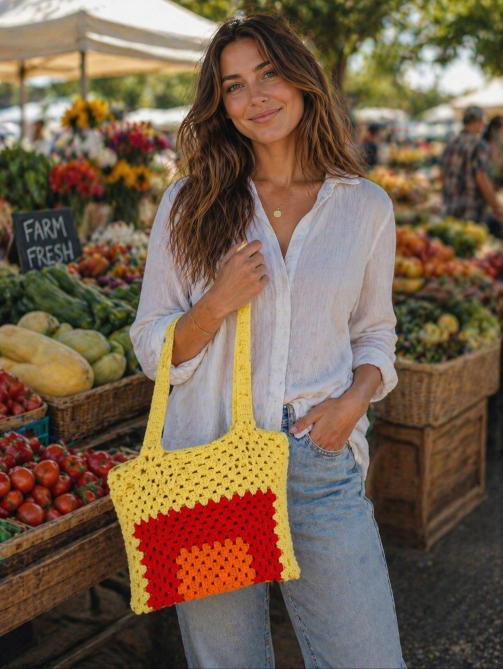 Handmade Crocheted Market Bag Yellow Red & Orange  Shopping Bag Sack - New
